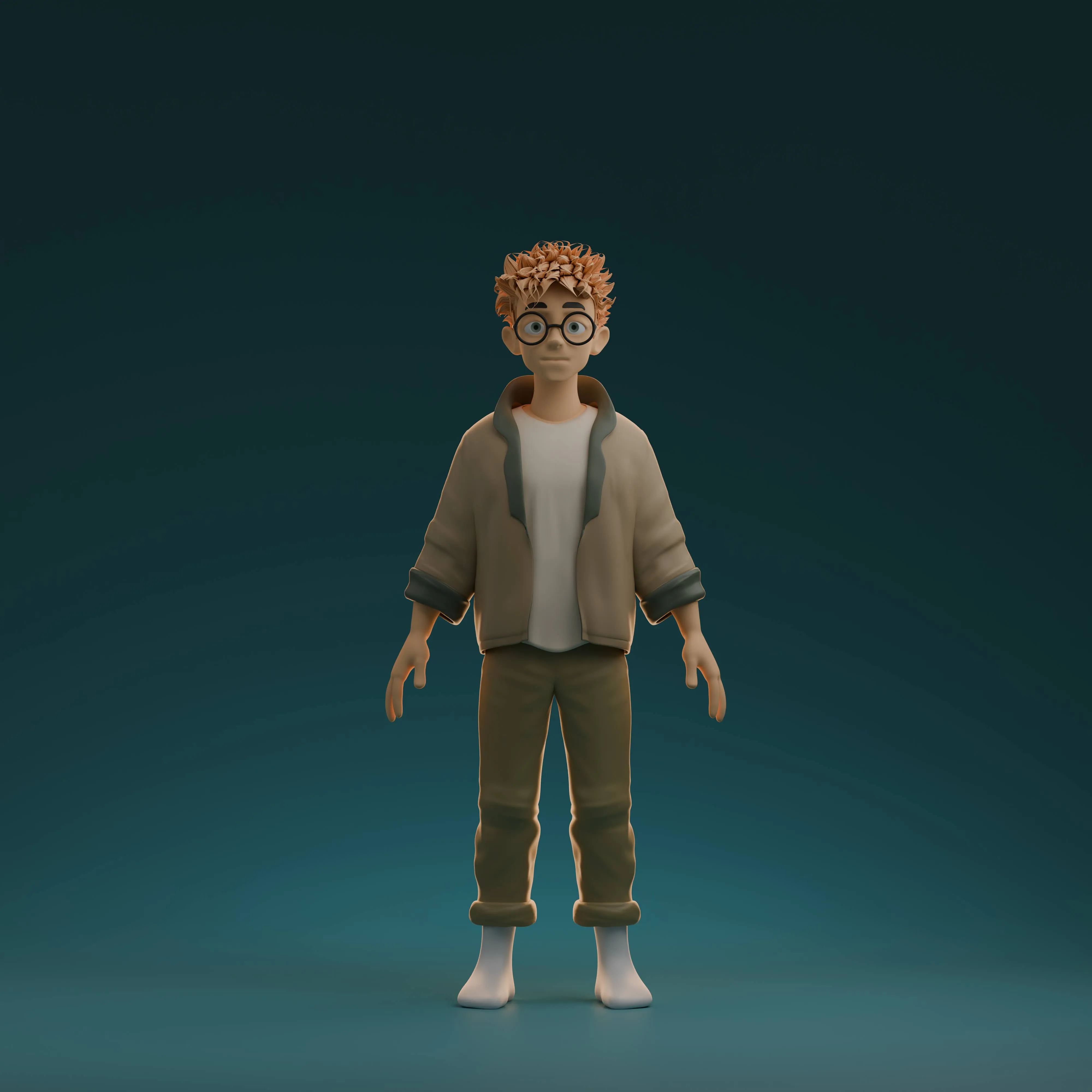 Stylised 3D character Finn standing in a relaxed pose — a young man with spiky ginger hair and round black glasses, in an oversized tan jacket, olive trousers and socks.