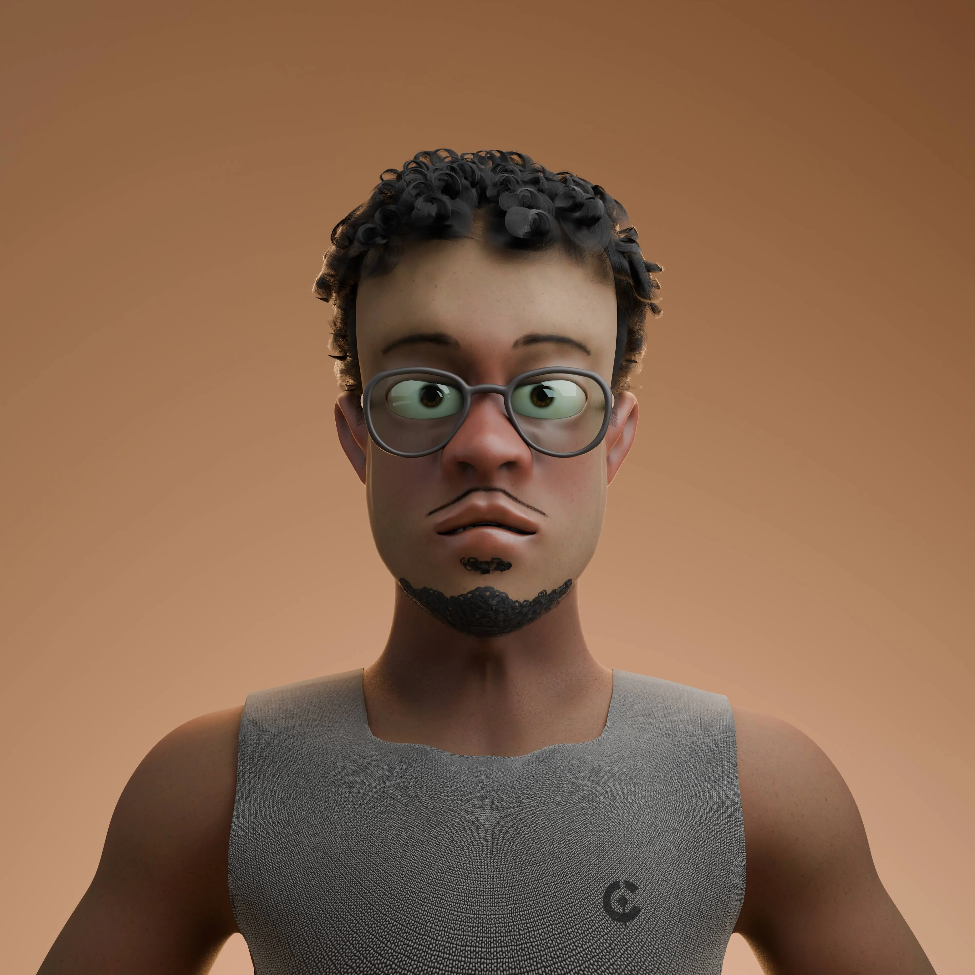 Stylised 3D portrait of a young man with dark curly hair, round grey glasses and a short beard, wearing a grey ribbed vest against a warm peach background.