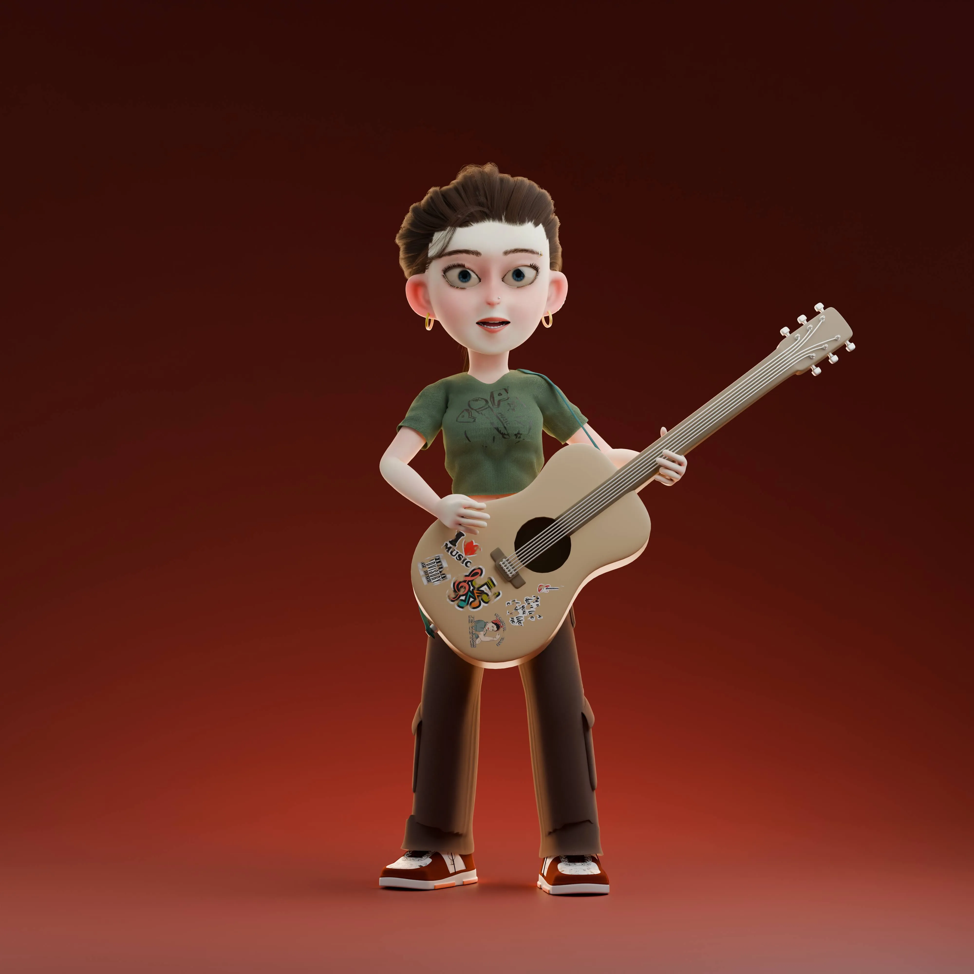 Stylised 3D character Wren posed three-quarters on, playing an acoustic guitar covered in stickers.